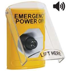STI SS22A3PO Stopper Station with Stopper Station Shield with Sound, EMERGENCY POWER OFF Lettering, Yellow Housing