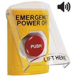 STI SS-22A4PO Stopper Station with Stopper Station Shield with Sound, EMERGENCY POWER OFF Lettering, Yellow Housing