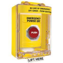 STI SS2274PO Stopper Station with Mini Stopper II Cover with Spacer, EMERGENCY POWER OFF Lettering, Yellow Housing