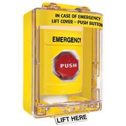 STI SS2275E Stopper Station with Mini Stopper II Cover with Spacer, EMERGENCY Lettering, Yellow Housing