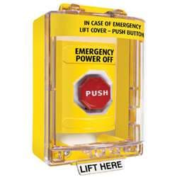 STI SS2275PO Stopper Station with Mini Stopper II Cover with Spacer, EMERGENCY POWER OFF Lettering, Yellow Housing