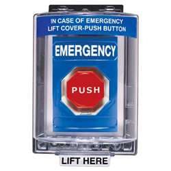 STI SS-2459E Stopper Station with Mini Weather Stopper Cover, EMERGENCY Lettering, Blue Housing