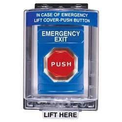 STI SS-2459EX Stopper Station with Mini Weather Stopper Cover, EMERGENCY EXIT Lettering, Blue Housing