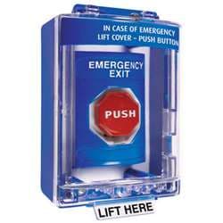 STI SS-2479-EX Stopper Station with Mini Stopper II Cover with Spacer, EMERGENCY EXIT Lettering, Blue Housing