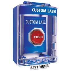 STI SS-2488 Stopper Station with Mini Stopper II Cover with Spacer, Custom Lettering, Blue Housing