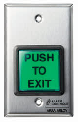 Alarm Controls TS-40 Request to Exit Station Square Push Button with Electronic Timer Labeled "PUSH TO EXIT", Single Gang Stainless Steel Wall Plate, Meets BOCA Code, 2 To 45 Seconds, Timed SPDT Momentary Continuous Contacts, 2" Green