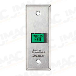 Alarm Controls TS-9 Request to Exit Station Pushbutton, Momentary, DPDT, 35/120 VAC, 3A, Wall Plate, Rectangular Green Illuminated, Switch Depth Behind Plate, Stainless Steel, Legend PUSH TO EXIT