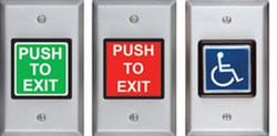 SDC 424UL1R Exit Switch, Single Gang, PUSH TO EXIT, 2", Green Button, Momentary DPDT, Stainless Steel, One Red LED