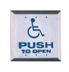 Camden 45/4 4-1/2" Square Push Plate Switch, Concealed Screws, ADA Logo and PUSH TO OPEN, Stainless Steel Camden 45/4 4-1/2" Square Push Plate Switch, Concealed Screws, ADA Logo and PUSH TO OPEN, Stainless Steel