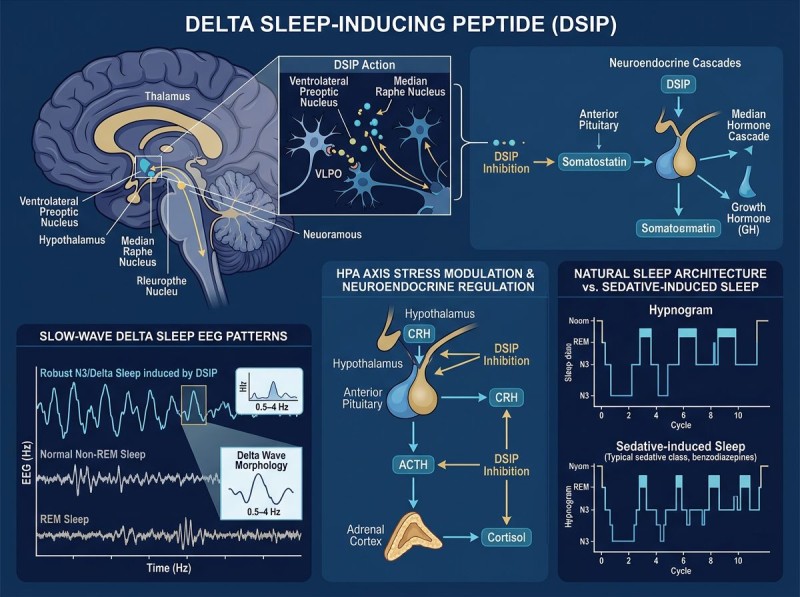 DSIP sleep peptide infographic showing brain sleep-regulating nuclei, delta-wave EEG enhancement, HPA axis stress modulation, and natural sleep architecture optimization
