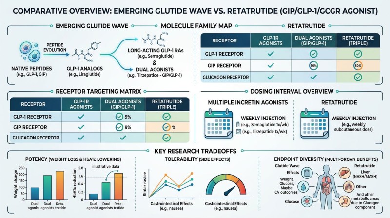 Comparative overview of emerging glutide wave versus retatrutide with receptor targeting matrix, dosing intervals, and research tradeoffs