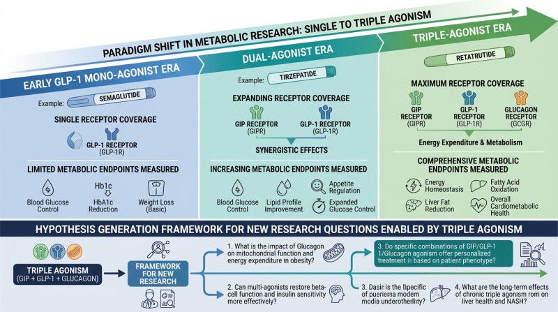 Metabolic research paradigm shift timeline from GLP-1 mono-agonist to dual agonist and triple agonist eras