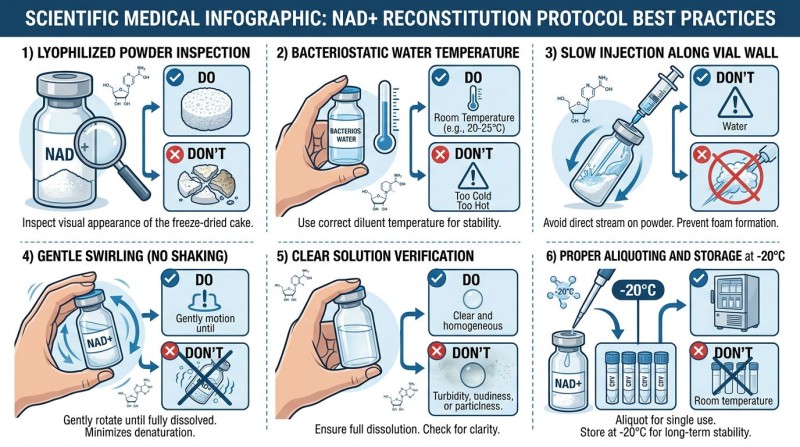 NAD+ reconstitution protocol best practices including dilution temperature, vial-wall injection, and storage