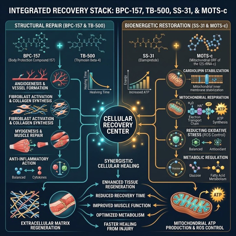 Integrated recovery stack infographic combining BPC-157/TB-500 structural repair with SS-31 and MOTS-c bioenergetic restoration