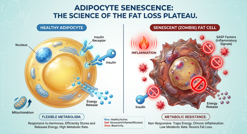 A comparative diagram showing the difference between a healthy fat cell and a senescent 'zombie' fat cell, illustrating metabolic dysfunction and stubborn fat storage.