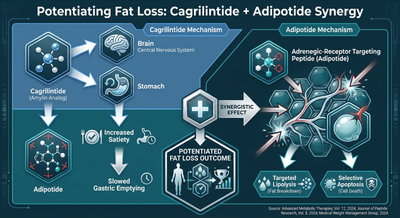A scientific diagram showing the synergy between Cagrilintide and Adipotide, illustrating how they target appetite control and fat cell elimination respectively.