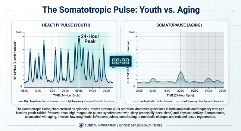 Scientific infographic comparing the amplitude and frequency of growth hormone pulses between youth and somatopause.