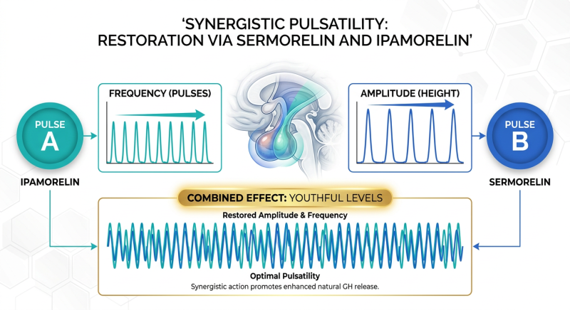 A comparative diagram showing how Sermorelin and Ipamorelin work together to restore GH secretion.