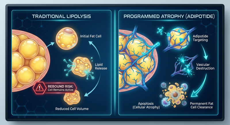 Infographic comparing the Shrinking Cell Model of traditional lipolysis vs. the Programmed Atrophy Model where fat cells are permanently removed by cutting off their blood supply.