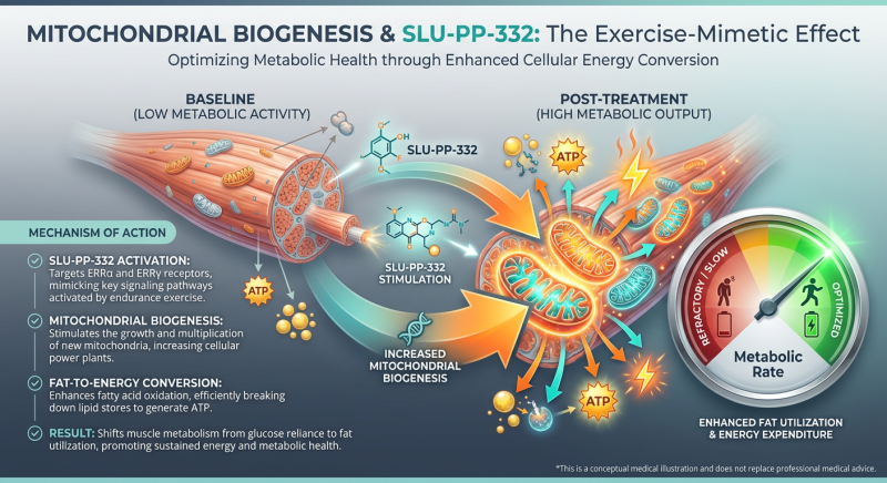 Infographic explaining Mitochondrial Biogenesis showing how SLU-PP-332 increases cellular power plants within muscle tissue to boost resting metabolism.