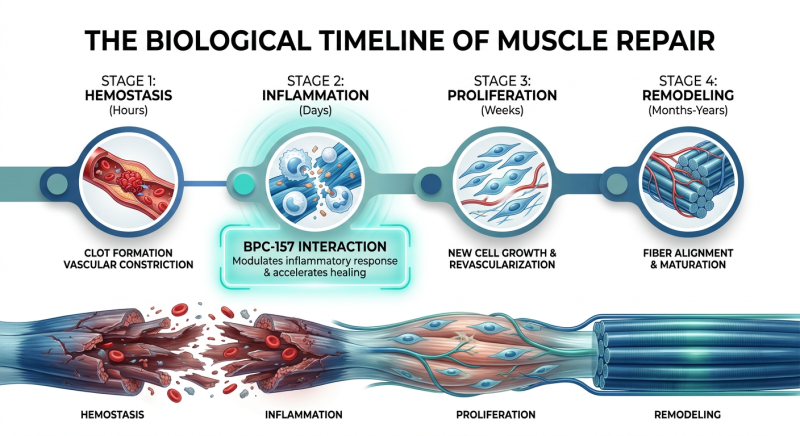 Medical infographic showing the four stages of muscle recovery: Hemostasis, Inflammation, Proliferation, and Remodeling, with BPC-157 highlighted as a catalyst.