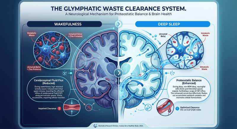 A technical medical infographic titled 'The Glymphatic Waste Clearance System,' illustrating a cross-section of the human brain during deep sleep compared to wakefulness, highlighting the flushing of metabolic toxins.