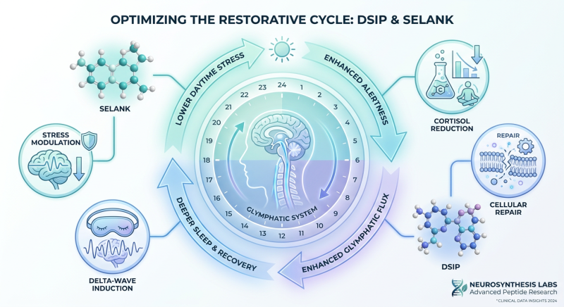 A research-focused infographic titled 'Optimizing the Restorative Cycle,' showing the synergistic roles of DSIP and Selank peptides in regulating the stress-sleep axis and cortisol levels.