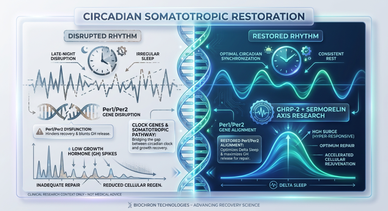 Comparison infographic showing the difference between a youthful synchronized circadian rhythm and an aged, disrupted rhythm, featuring clock genes and Growth Hormone spikes.
