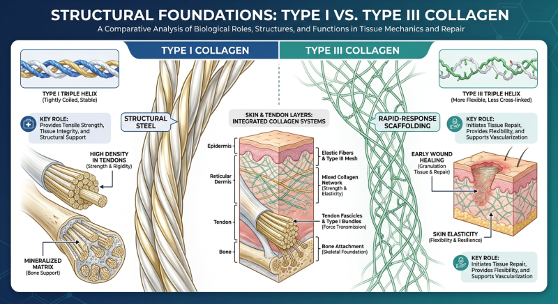A technical comparison infographic showing the structural differences between Type I and Type III collagen fibers within the extracellular matrix. Type I is shown as thick, aligned cables, while Type III is shown as a flexible, woven mesh.