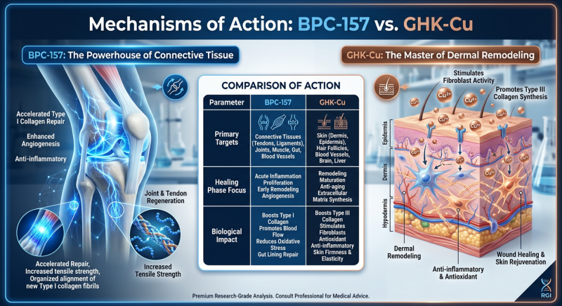 A professional comparison chart titled 'BPC-157 vs. GHK-Cu: Mechanisms of Regeneration' detailing their primary targets, such as tendons/ligaments for BPC-157 and skin/remodeling for GHK-Cu.