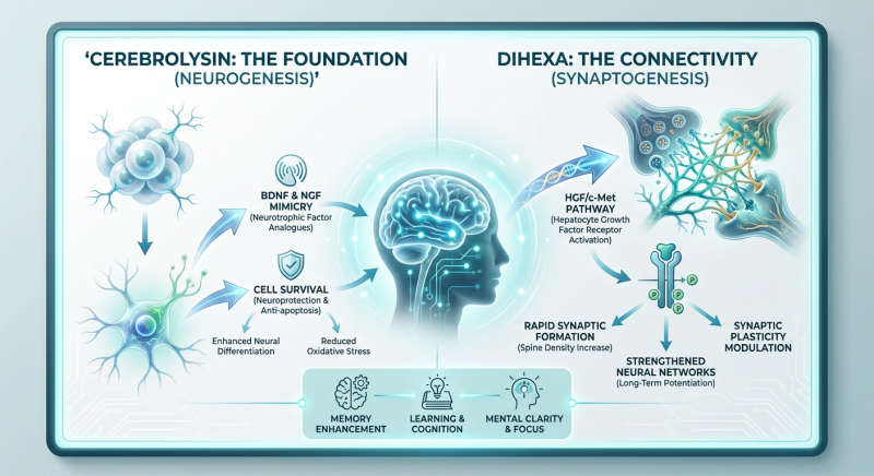 A professional medical infographic comparing the mechanism of action between Cerebrolysin and Dihexa, highlighting neurogenesis vs. synaptogenesis.