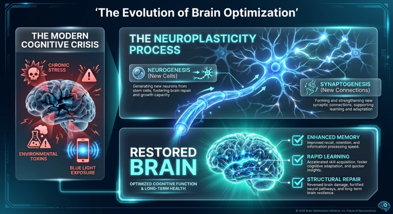 An educational infographic showing the transition from a stressed brain to a repaired brain via neuroplasticity and structural repair.