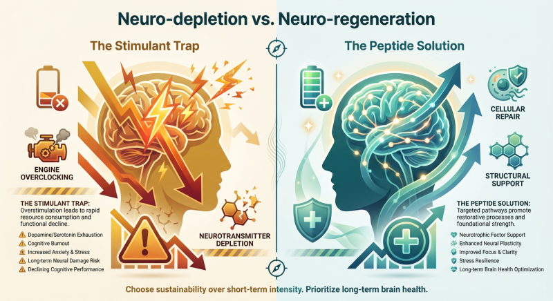 A comparison infographic showing how stimulants deplete neurotransmitters versus how peptides support brain structure.
