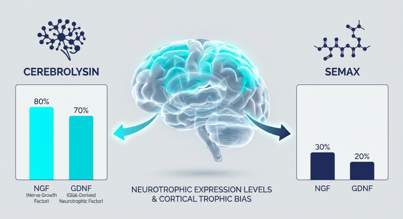 A visual explanation of Cortical Trophic Bias comparing the effects of Cerebrolysin and Semax on NGF and GDNF.