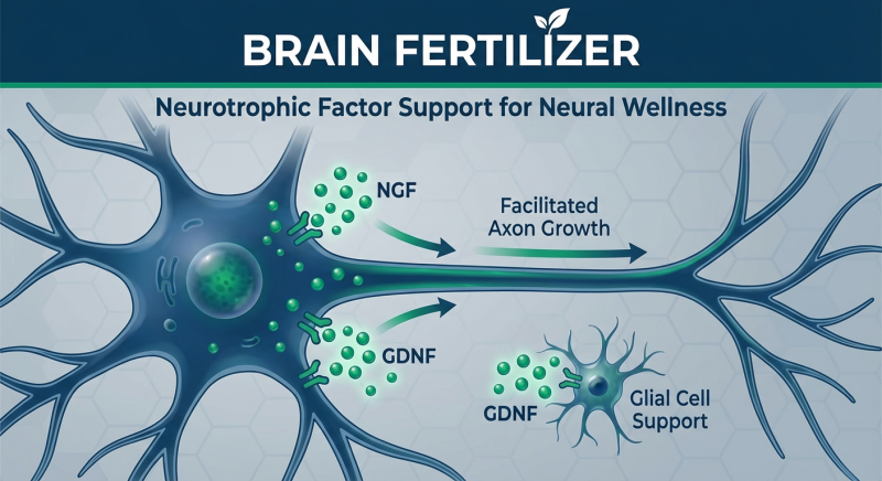 An infographic explaining the 'Brain Fertilizer' concept with NGF and GDNF supporting neural growth.