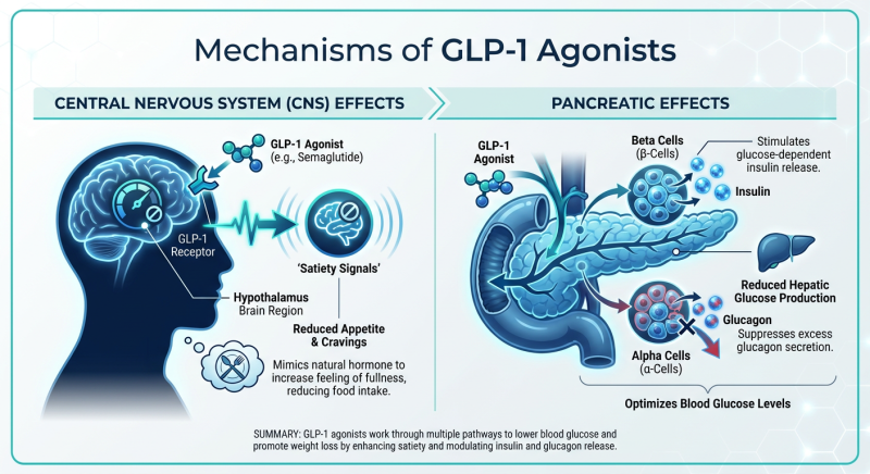 A scientific infographic showing the dual action of GLP-1 agonists on the brain for appetite control and the pancreas for insulin regulation.