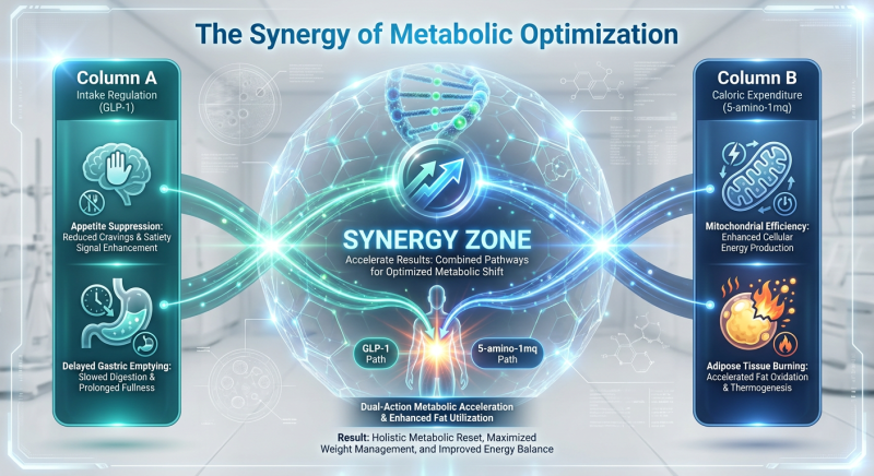 A technical comparison chart showing the metabolic synergy between GLP-1 agonists for calorie reduction and 5-amino-1mq for fat burning.