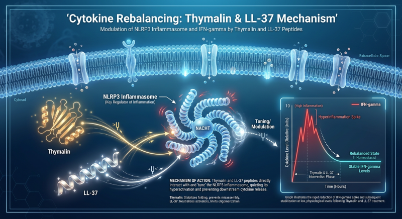 A detailed diagram showing the interaction of Thymalin and LL-37 peptides with the NLRP3 inflammasome inside a cell to reduce inflammation.