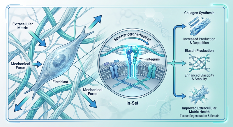 A scientific diagram showing the process of mechanotransduction in skin fibroblasts, illustrating how physical stress is converted into cellular signals for collagen production.