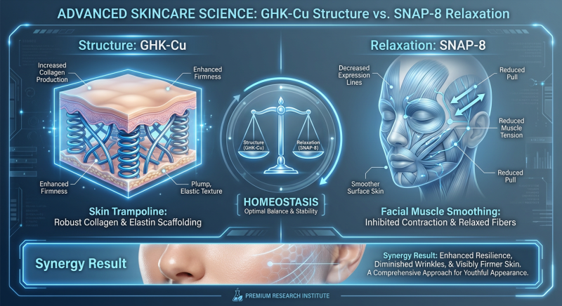 A comparison infographic showing the synergistic effects of GHK-Cu and SNAP-8 on dermal tension, highlighting collagen building and muscle relaxation.