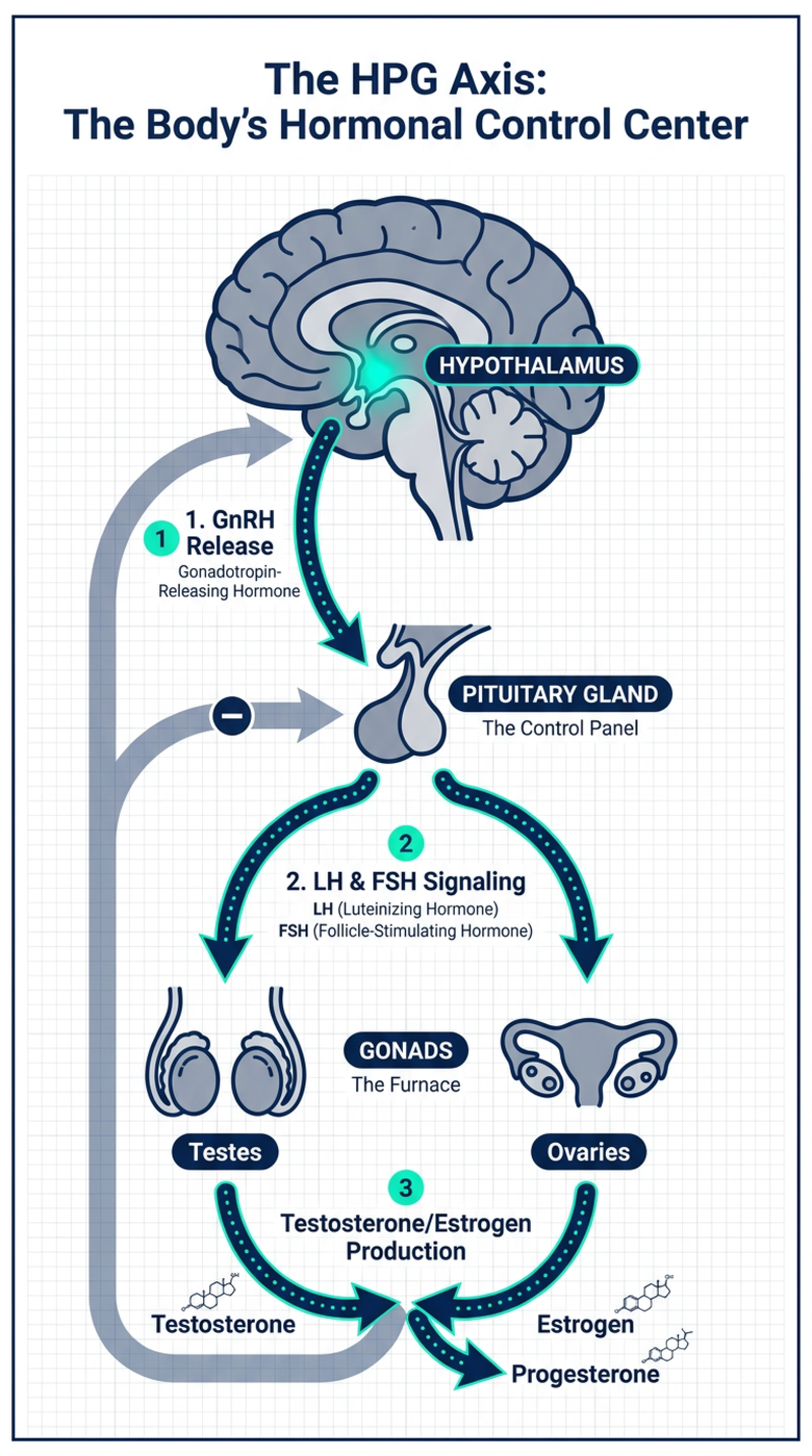 A professional medical infographic diagram showing the Hypothalammic-Pituitary-Gonadal (HPG) Axis feedback loop, illustrated with clean icons and teal/dark blue color palette.