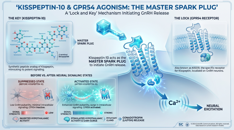 An infographic explaining GPR54 Agonism and Kisspeptin-10's role as a 'spark plug' for the endocrine system, featuring a lock-and-key receptor diagram.