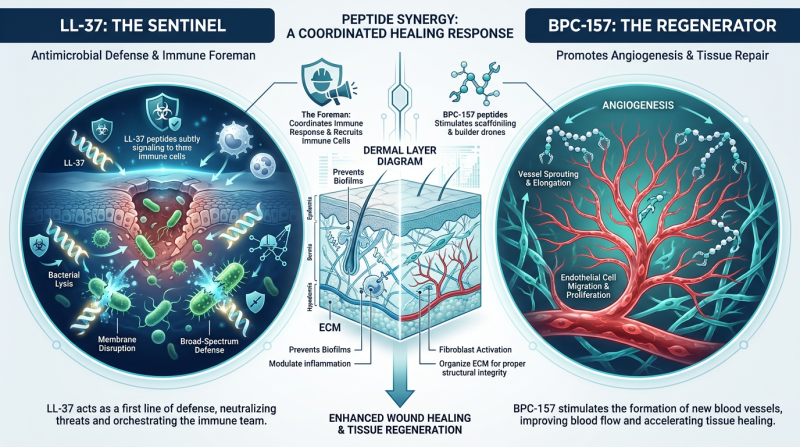 A medical infographic comparing LL-37 and BPC-157 mechanisms in skin repair, showing LL-37 focusing on immune defense and BPC-157 on blood vessel growth.