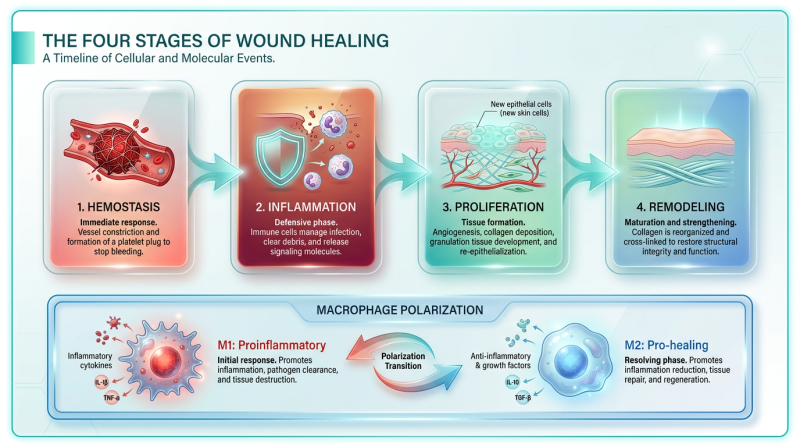 A detailed scientific chart showing the four stages of wound healing: Hemostasis, Inflammation, Proliferation, and Remodeling, with icons for each stage.