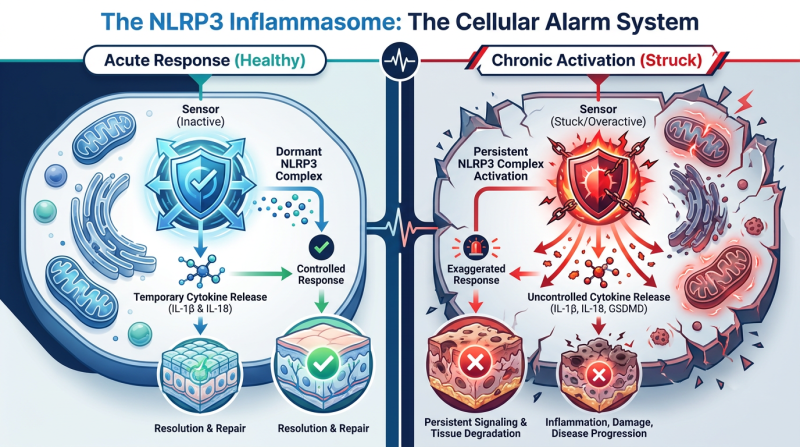 A medical infographic illustrating the NLRP3 Inflammasome activation cycle, comparing a healthy 'off' state to a chronic 'on' state using a home security system metaphor.