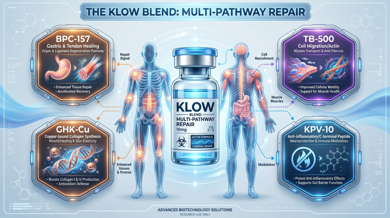 A scientific infographic showcasing the KLOW Blend components—BPC-157, TB-500, GHK-Cu, and KPV-10—and how they target tissue repair and inflammation pathways.