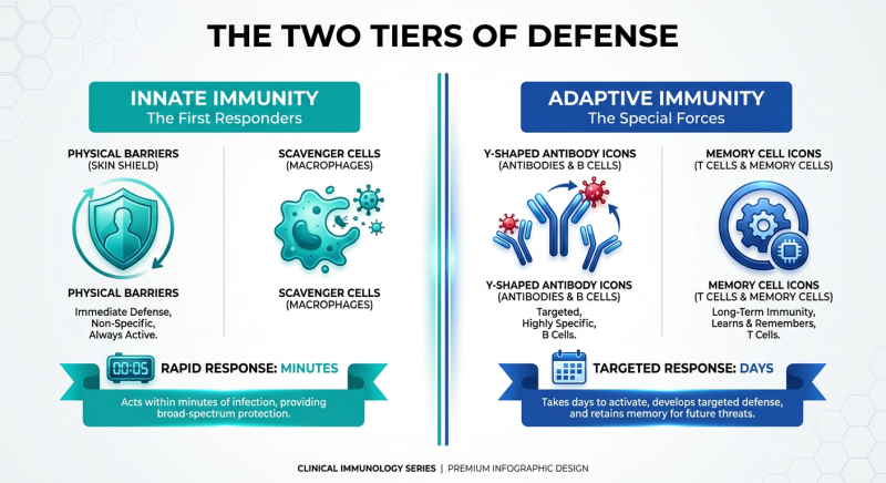 A medical infographic comparing the Innate and Adaptive immune systems. The Innate side shows immediate response with physical barriers and scavenger cells, while the Adaptive side shows a targeted, long-term memory response. The style is clean, professional, and uses a blue, teal, and white color palette.