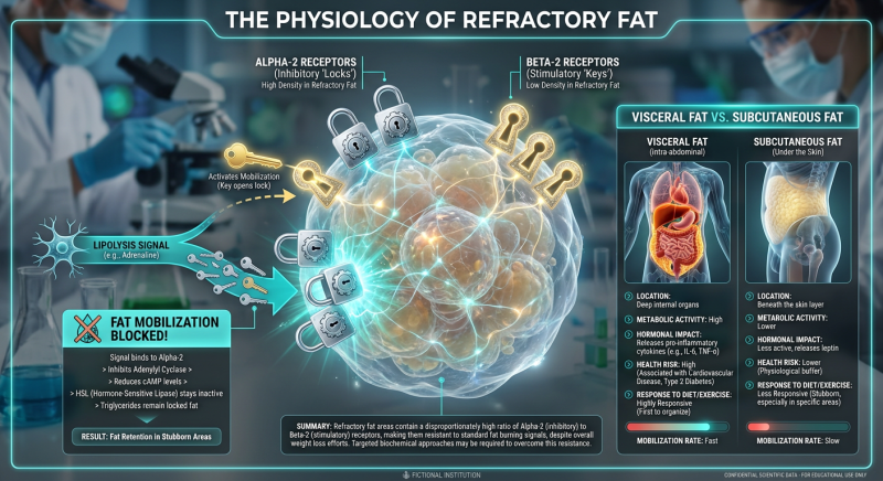 An infographic explaining the biological difference between stubborn fat and regular fat. It highlights the ratio of Alpha-2 receptors (lock icons) versus Beta-2 receptors (key icons) on a fat cell membrane. Modern science-lab style with 3D cell renderings.
