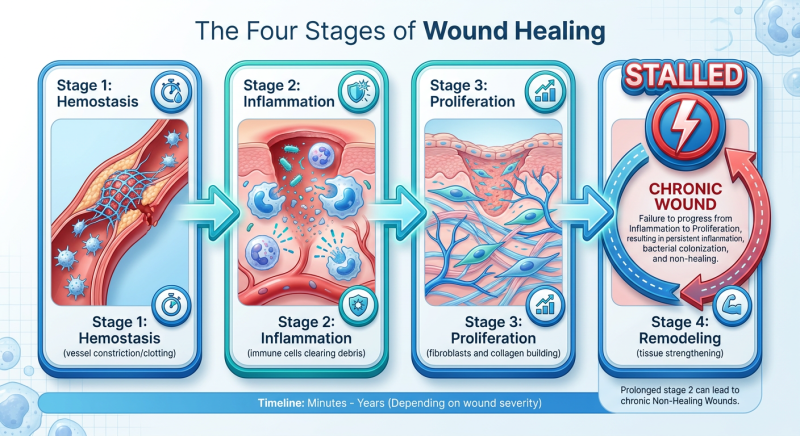 Infographic showing the four stages of wound healing: Hemostasis, Inflammation, Proliferation, and Remodeling, contrasting a healthy cycle with a stalled chronic wound.