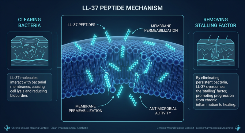 Detailed diagram of the LL-37 peptide interacting with a bacterial cell membrane, showing the mechanism of membrane permeabilization.